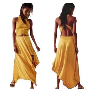Free People FP Beach Bethany Midi Cut Out Dress in Marigold Yellow Sz XL Boho